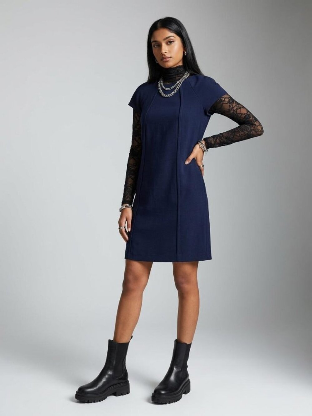 Mango Navy Blue Short Sleeve Shift Mini Dress Gold Zipper